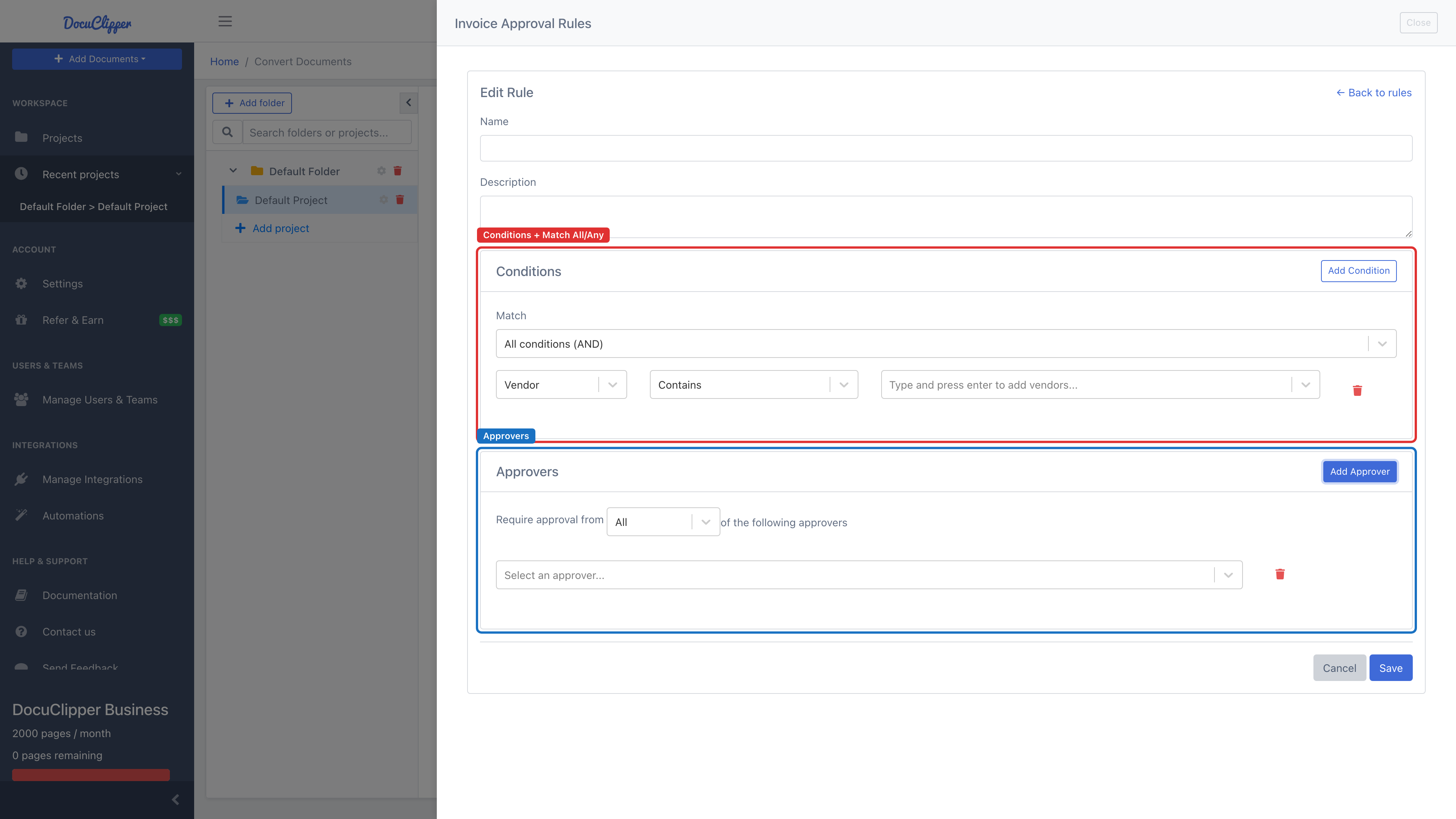 Invoice Approval Rules editor showing Conditions with a Match All/Any operator and an Approvers section