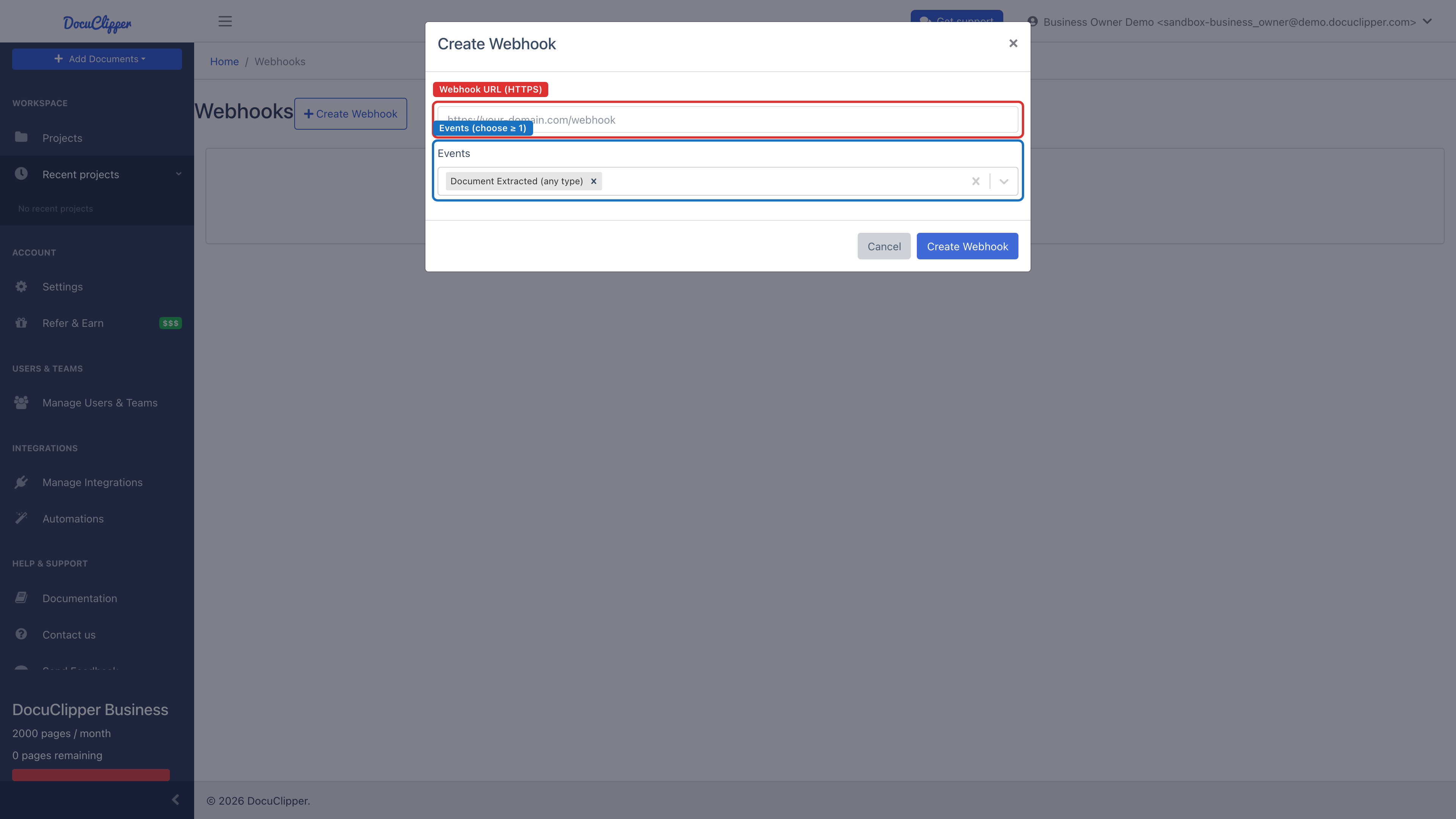 Create Webhook modal with the Webhook URL field and the Events multi-select