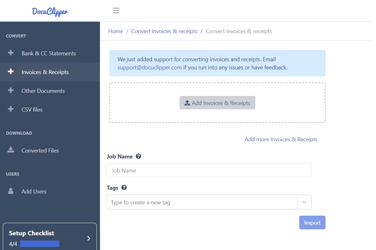 Capturing invoices in DocuClipper AP automation: the Invoices & Receipts upload screen where vendor bills are added by upload, email forwarding, or Google Drive before OCR extraction