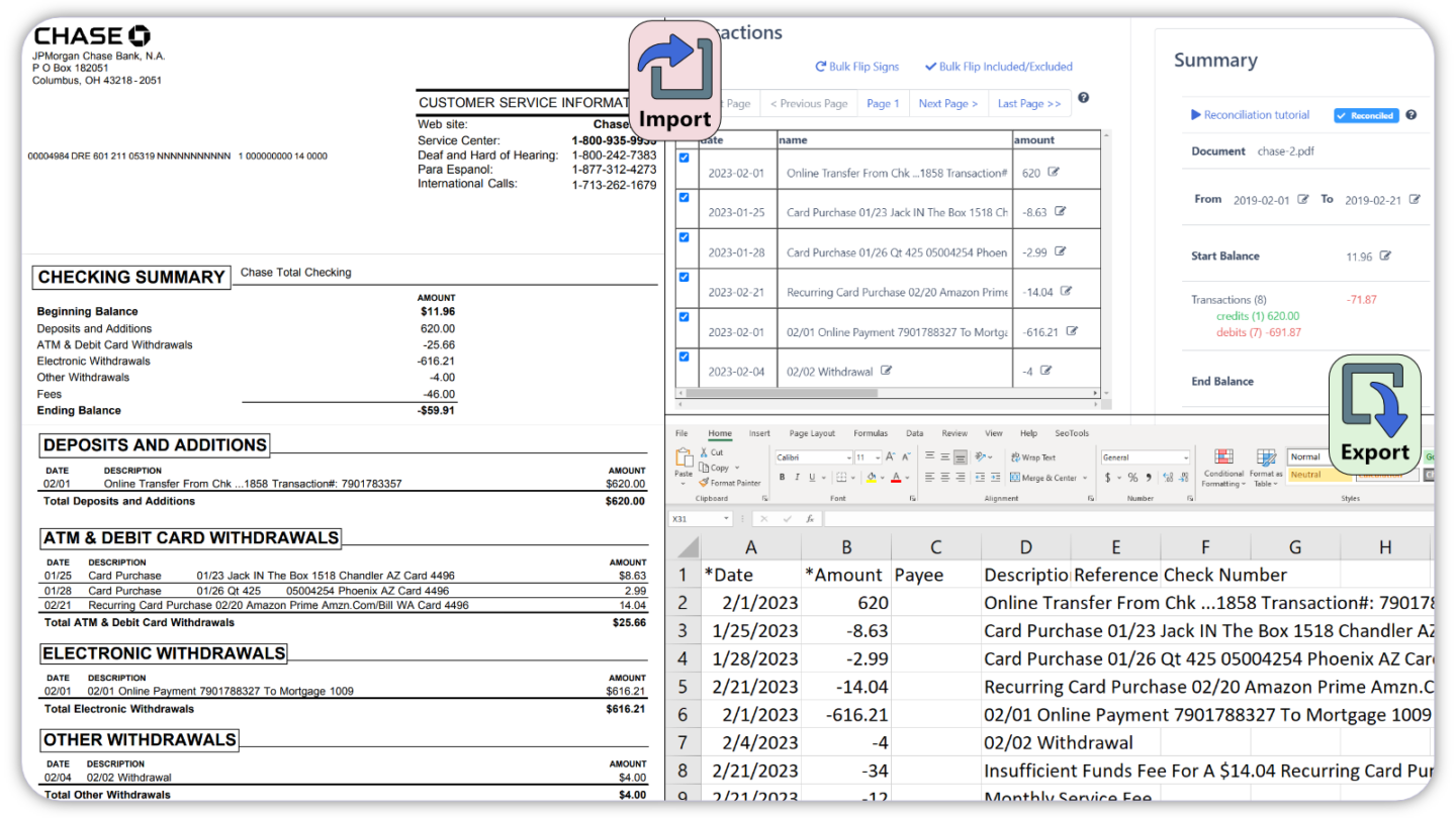 DocuClipper document viewer showing extracted bank statement transactions ready to export as OFX for Quicken, Sage, and MYOB