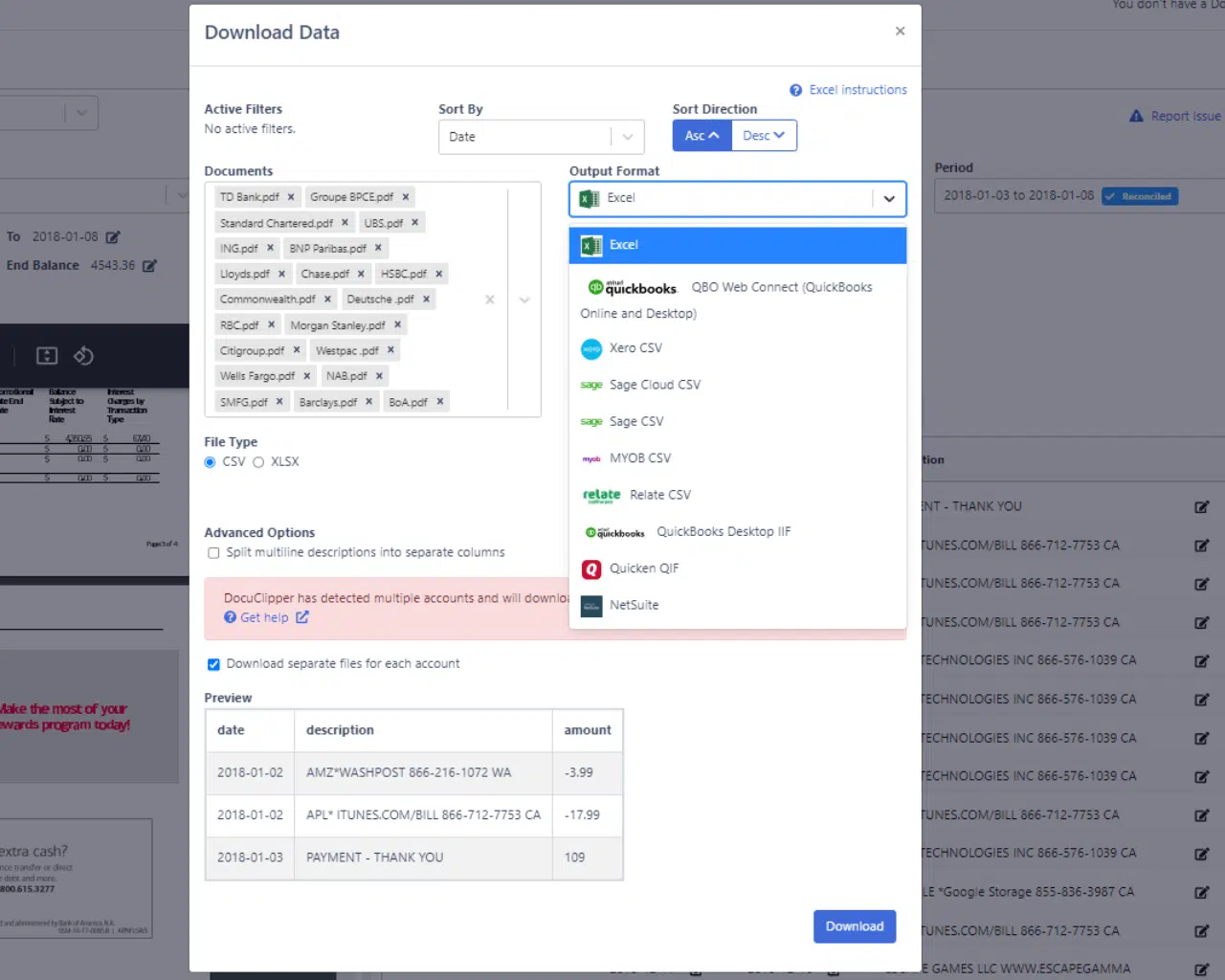 DocuClipper export options — CSV, Excel, QuickBooks, Quicken, Sage, Xero, and NetSuite