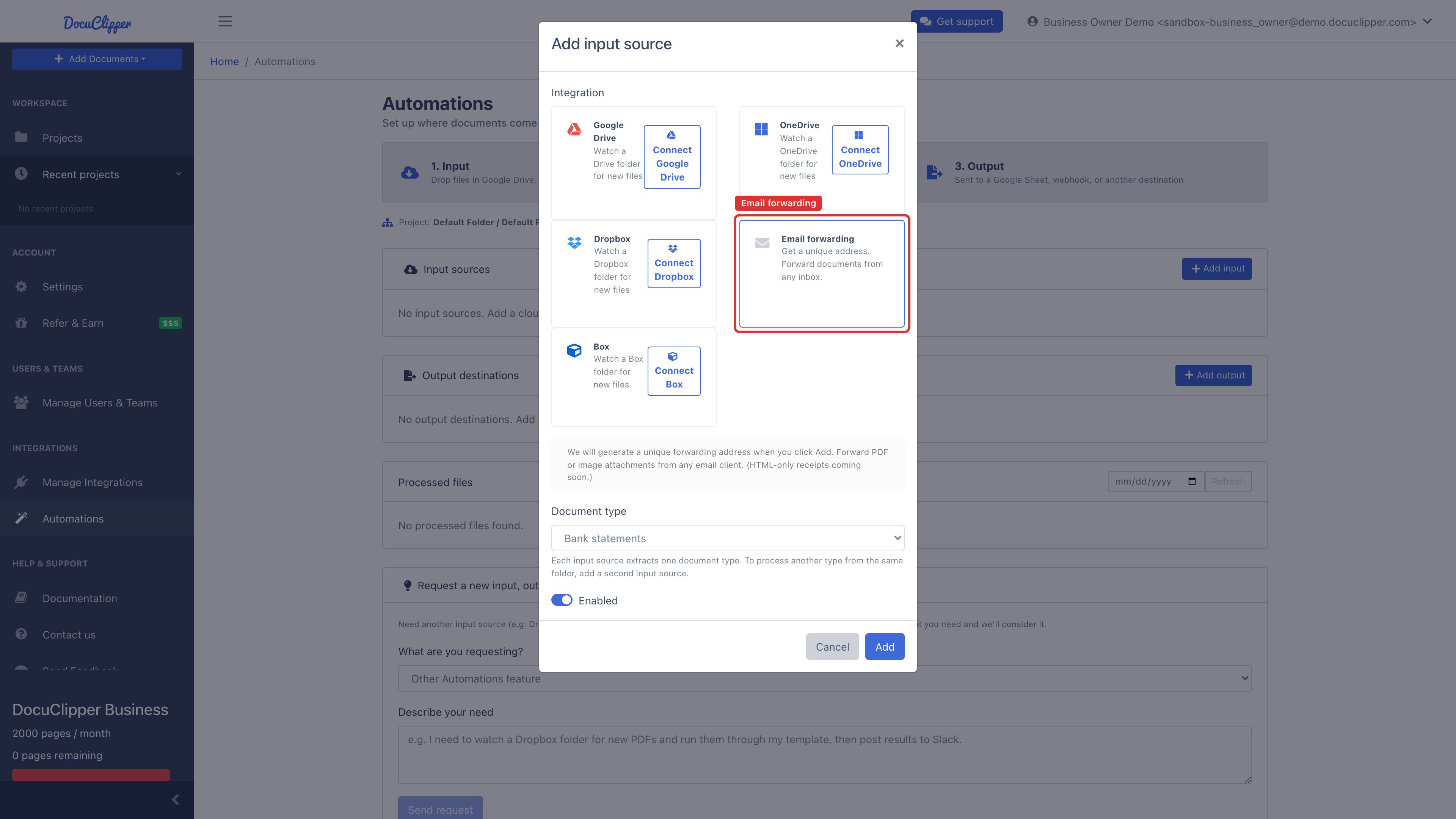 DocuClipper Automations page with the Add input source window open and the Email forwarding card selected, next to Google Drive, OneDrive, Dropbox and Box, with a Document type dropdown and an Enabled switch