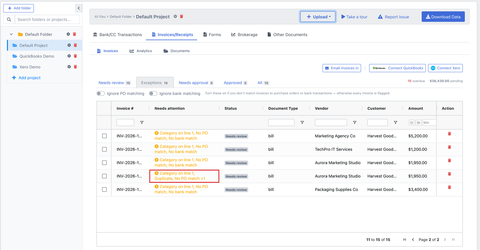 DocuClipper invoices list on the Exceptions preset, with Email invoices in and Connect QuickBooks buttons above the table and a Needs attention column showing a Duplicate flag on a second 1,950.00 bill from Aurora Marketing Studio