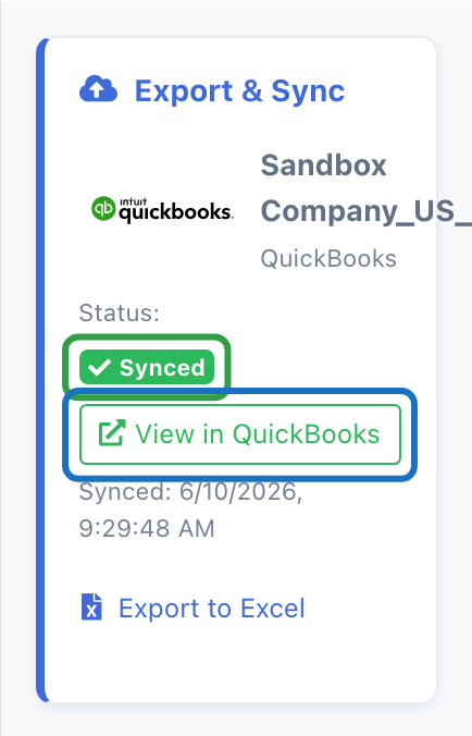 Export & Sync panel for a QuickBooks company with a green Synced badge, a View in QuickBooks button and the sync time