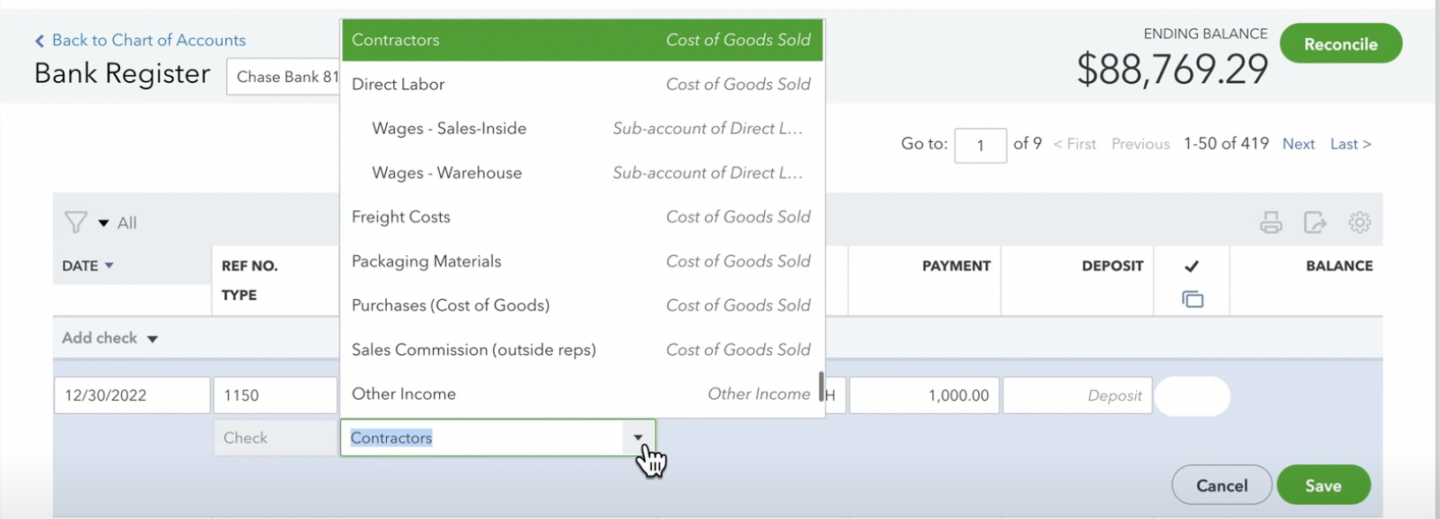 Assign account of check