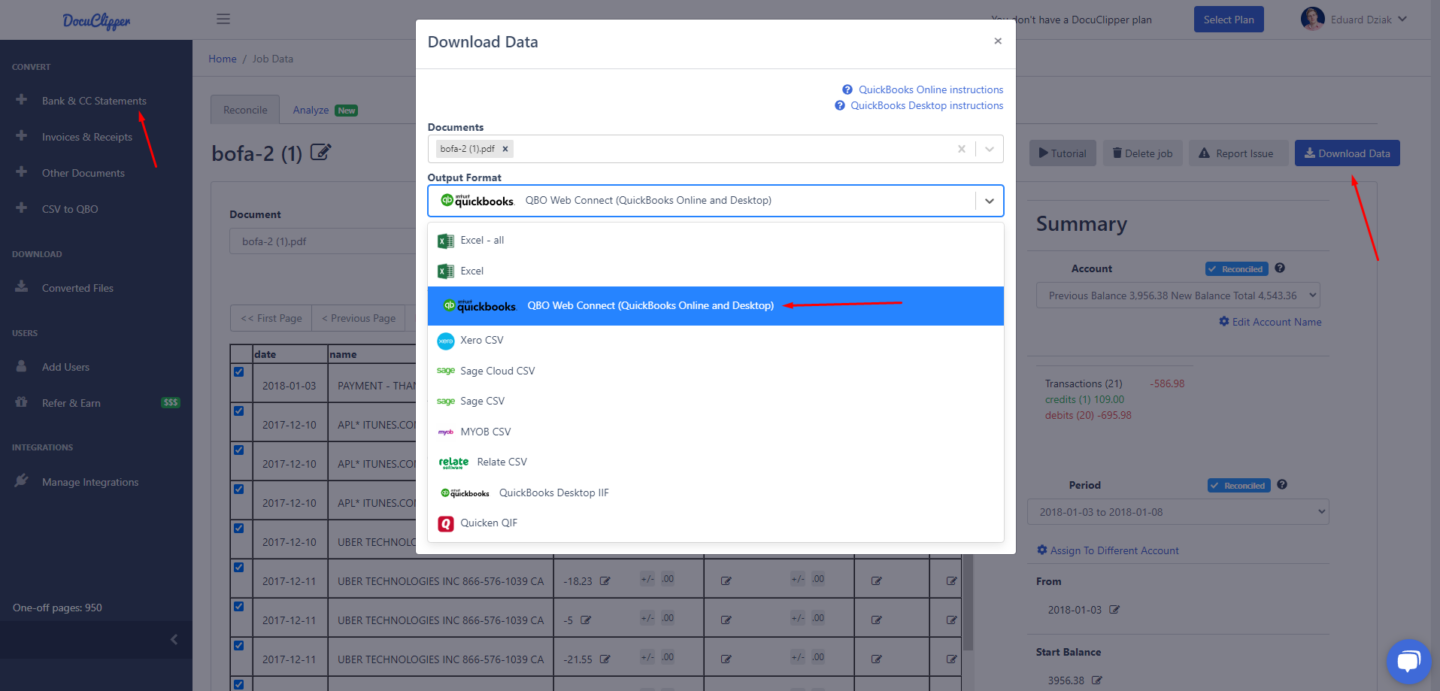 bank statement transactions into quickbooks online qbo web connect docuclipper