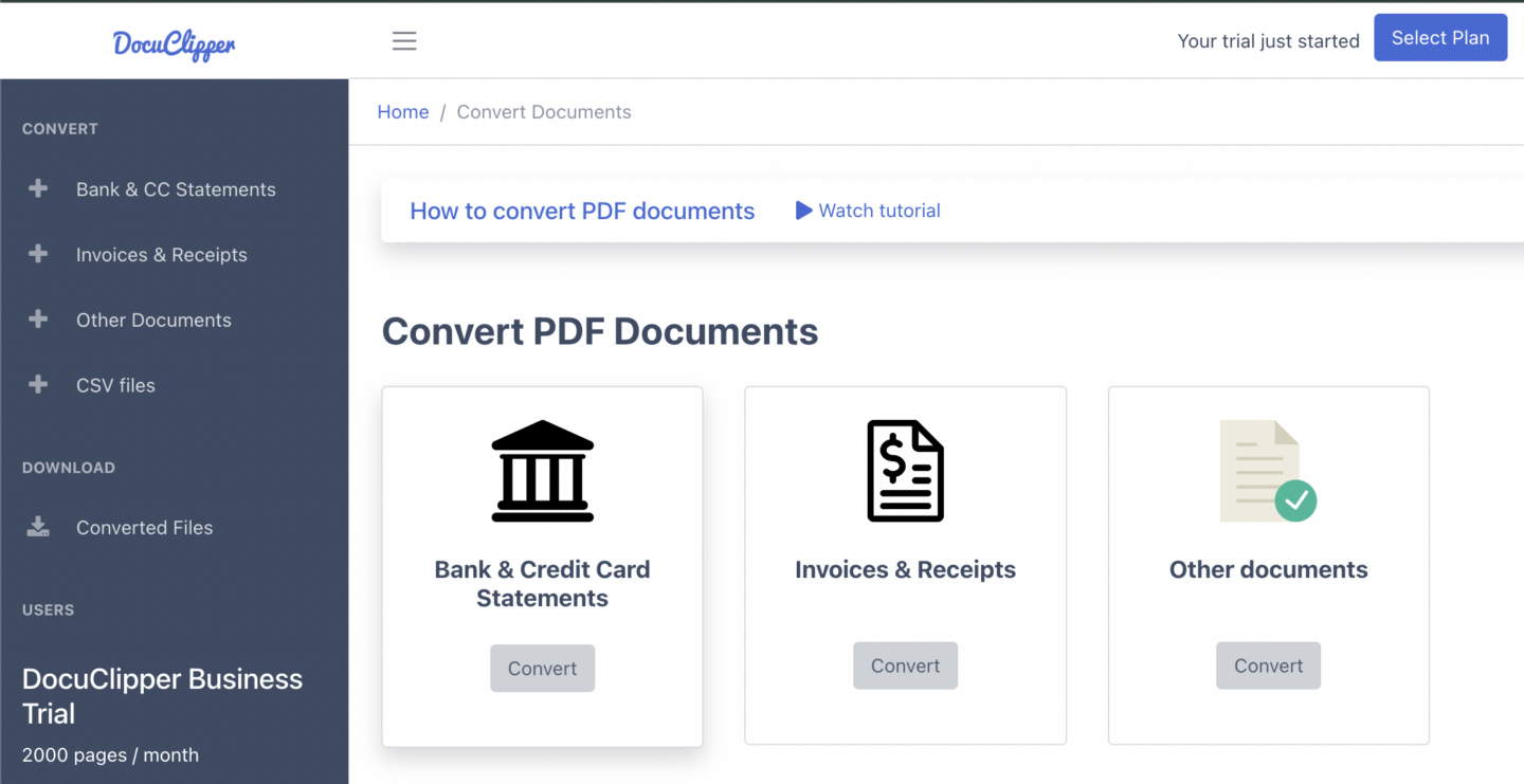 Bank Statement Conversion Interface of DocuClipper