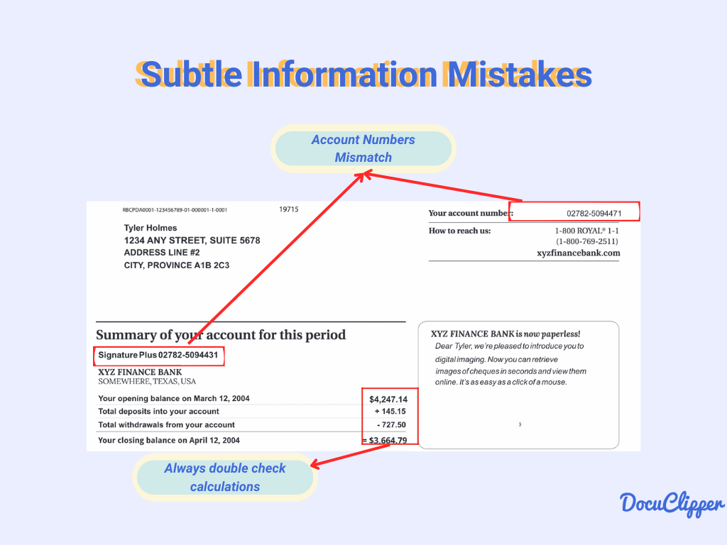 Bank statement income verification with bank statement information mistakes