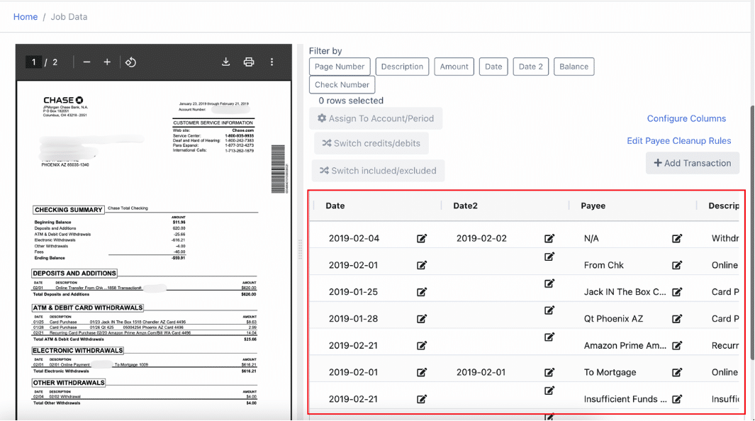 Bank statement transactions