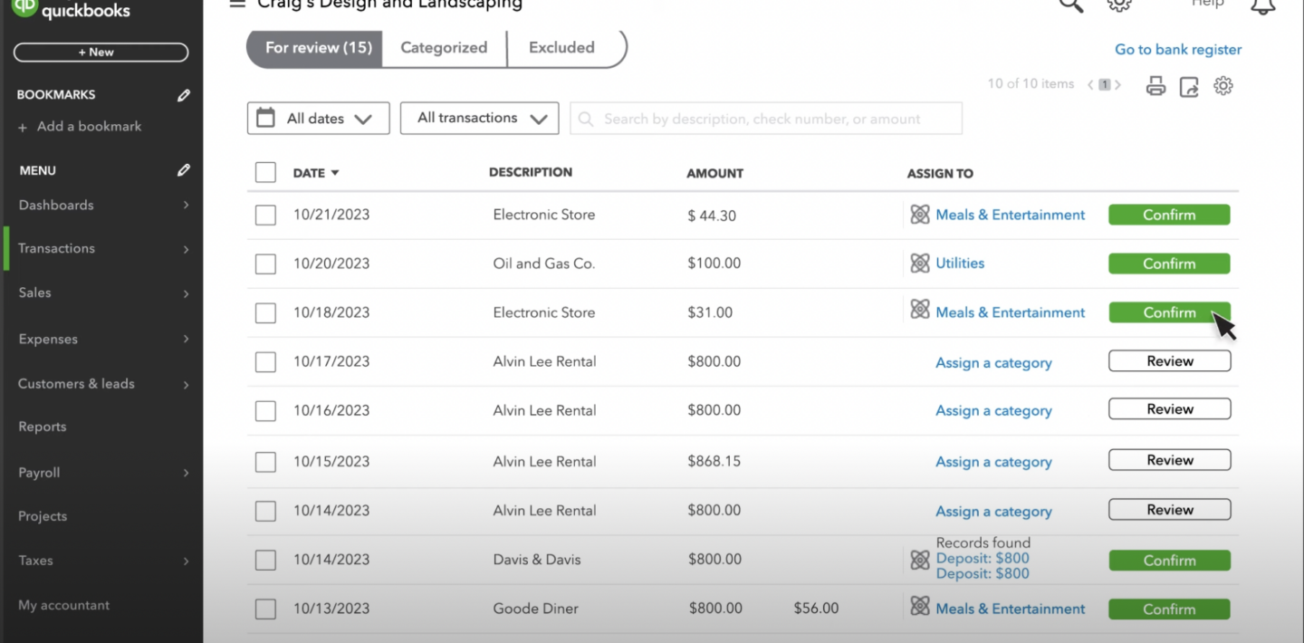 Categorize Transactions from Bank Feed Review Transactions
