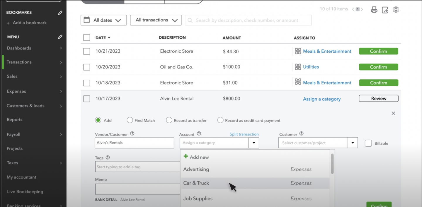 Categorize Transactions from Bank Feed categorize and edit