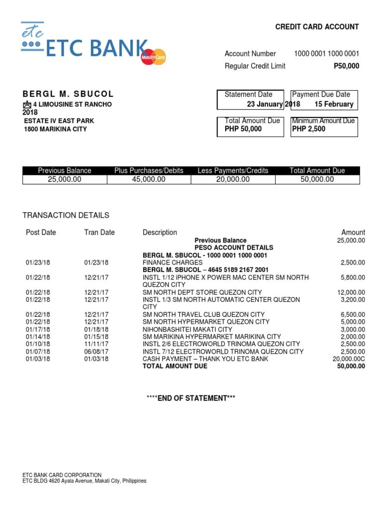 Credit card statement example