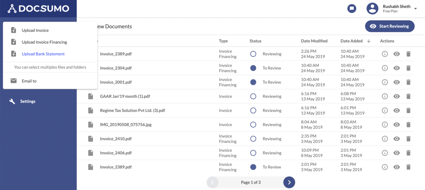 DocSumo interface Invoice Data Extraction Software