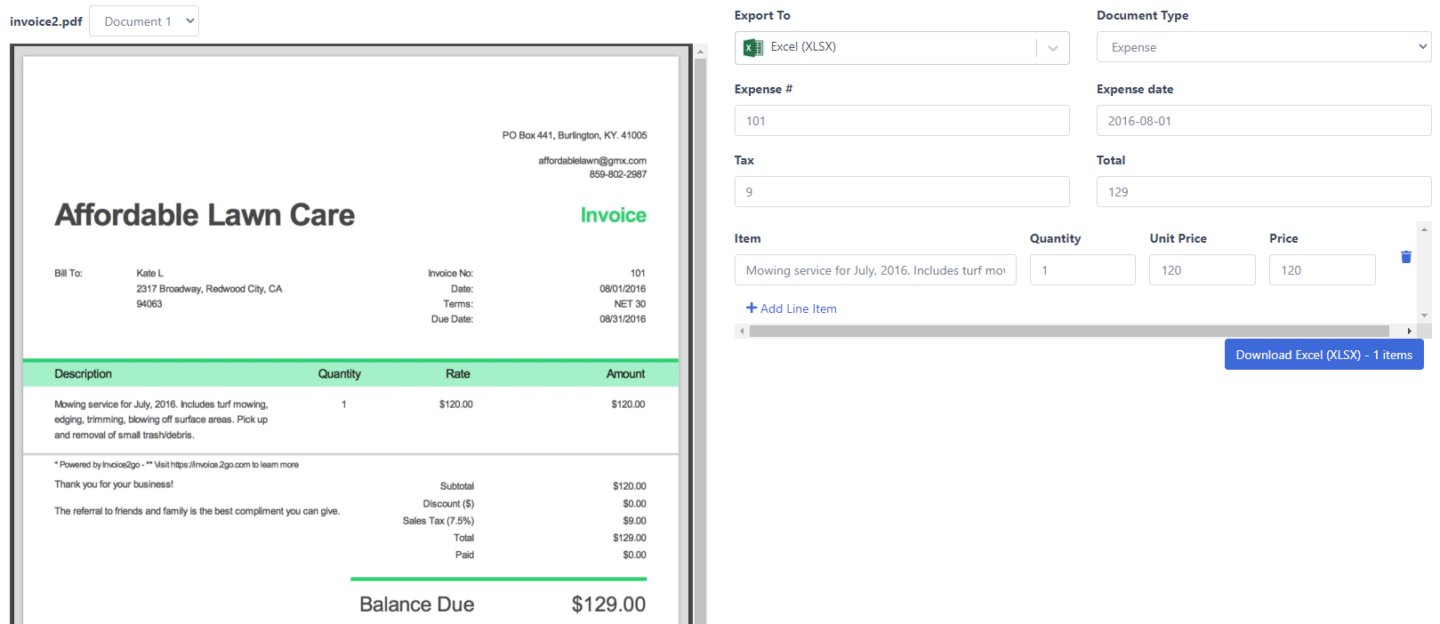 DocuClipper Invoice OCR Extracted Data Interface