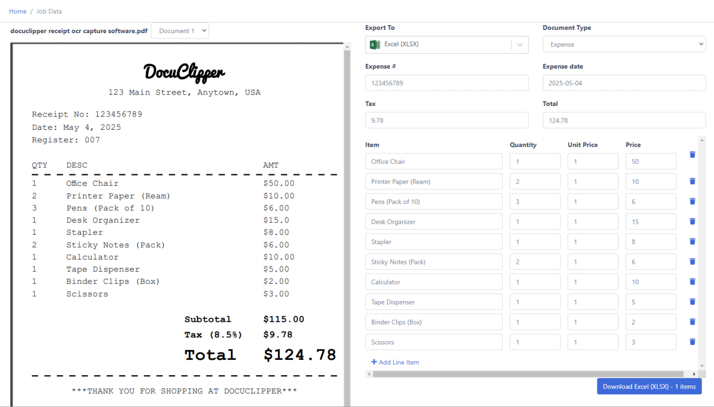 DocuClipper Receipt OCR dashboard