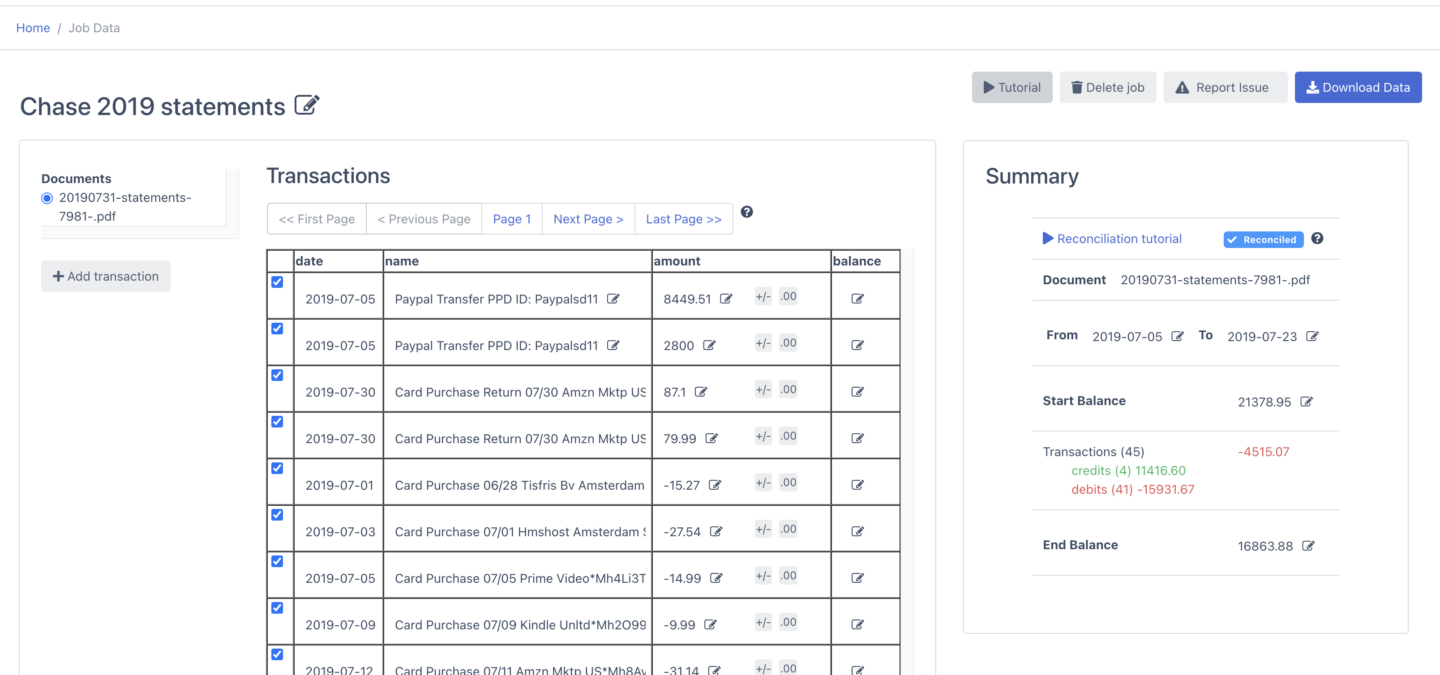 DocuClipper extracts all the data transactions from the bank statement