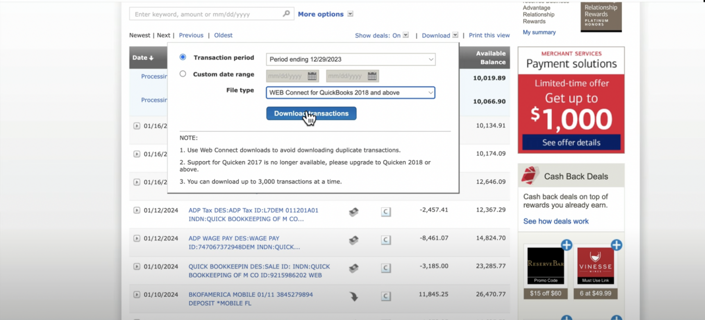 Download CSV of transaction records from bank