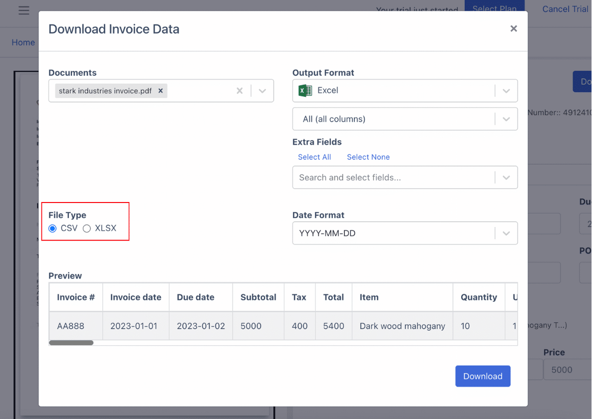 Download Invoice spreadsheet