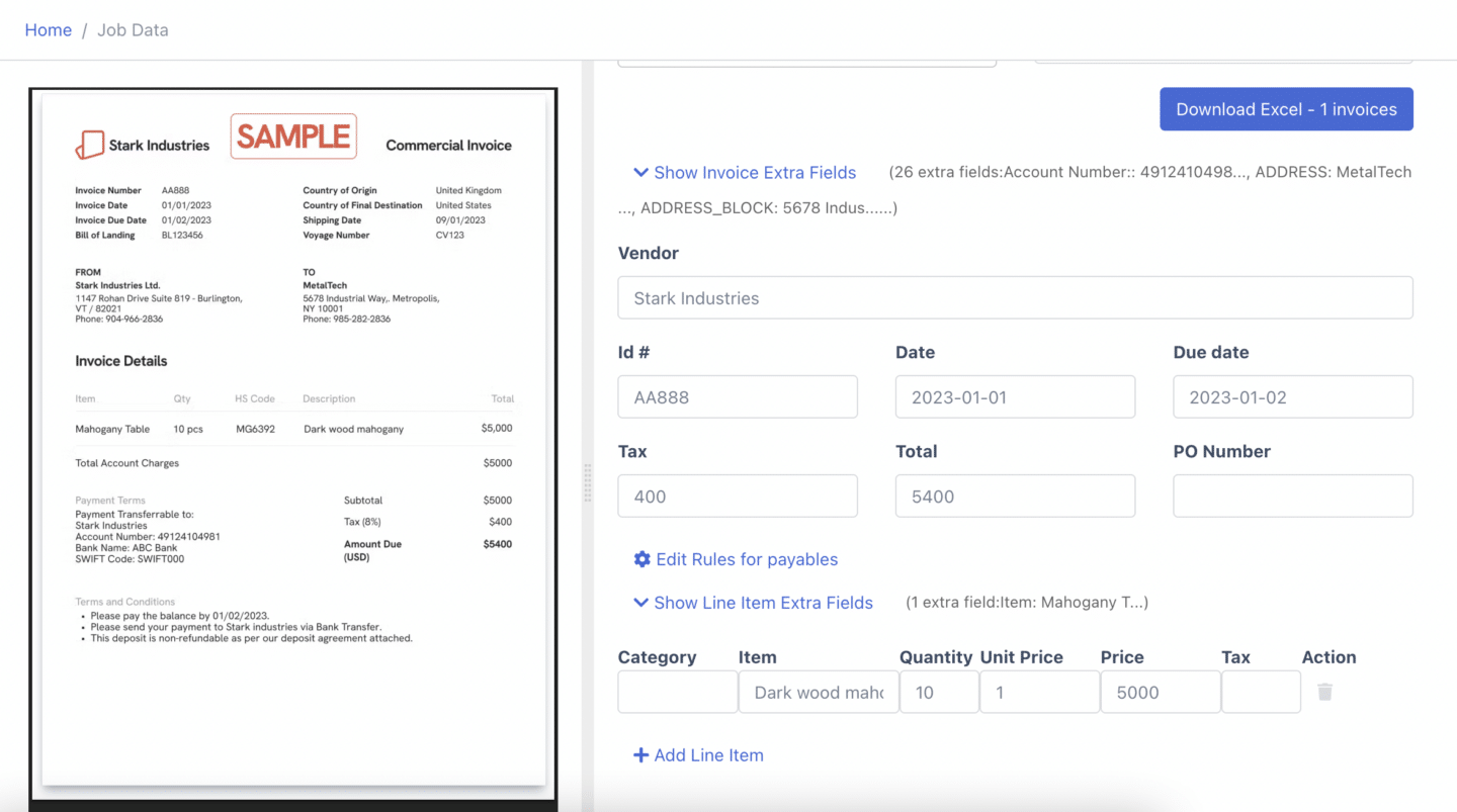 Extracted invoice data