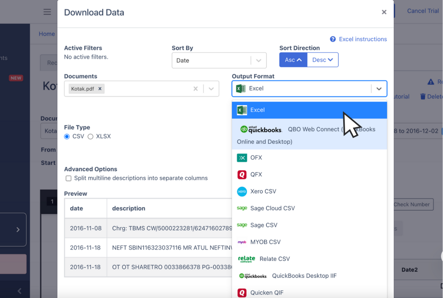 Export Kotak bank statement as CSV