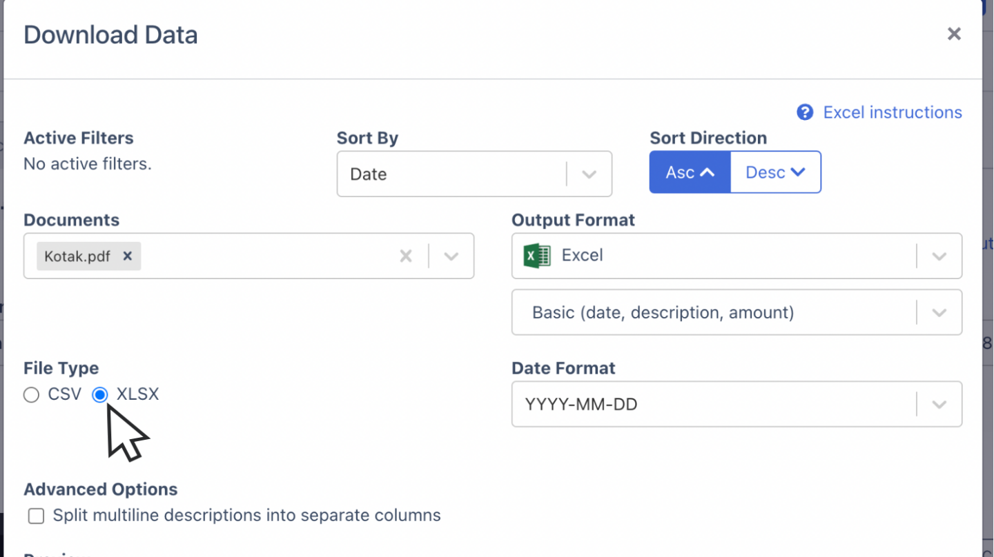 Export Kotak bank statement as Excel