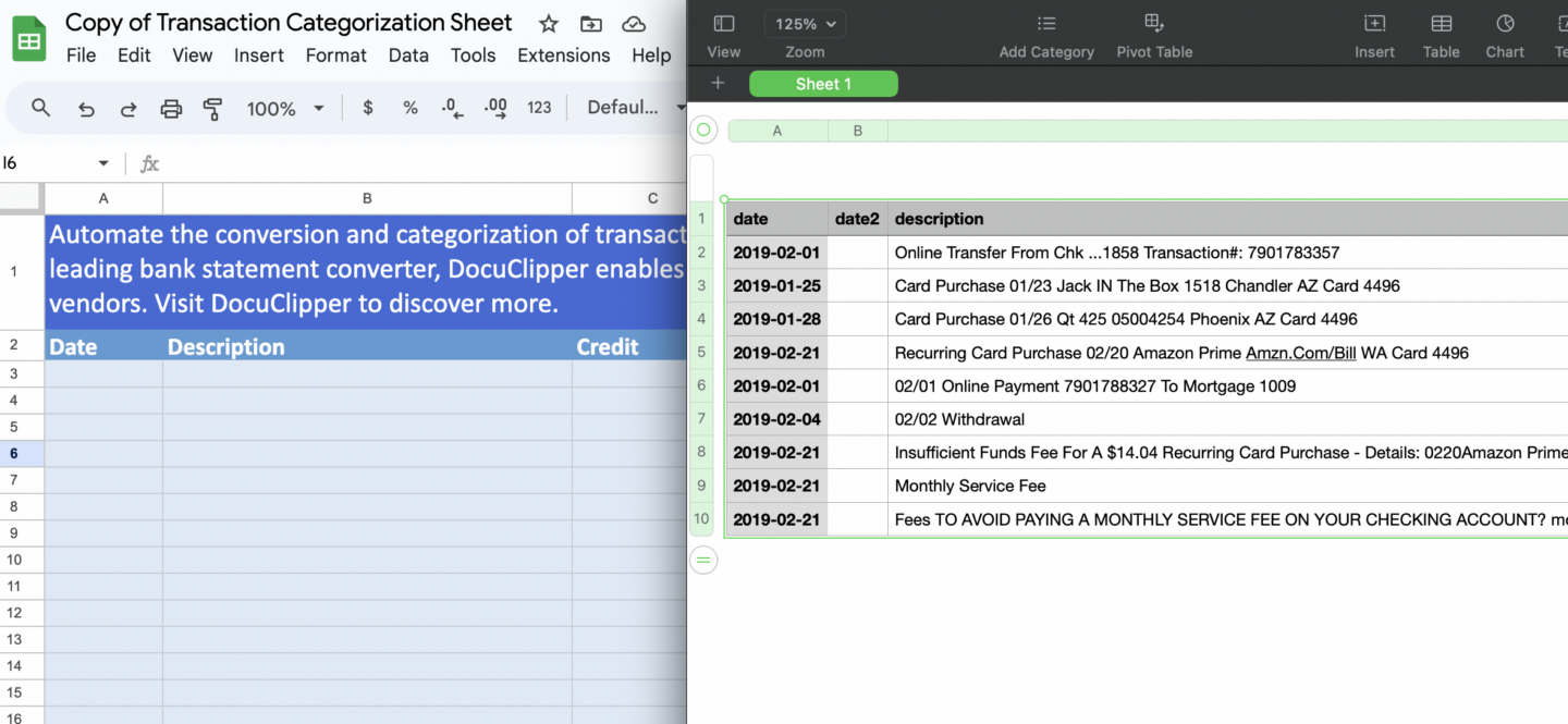 Insert Data into Transaction Categorization Spreadsheet