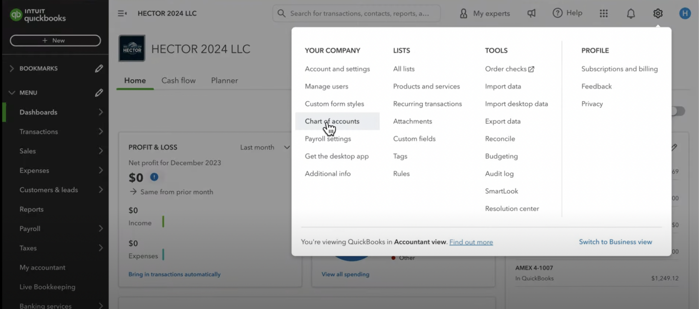 Navigate to Chart of Accounts