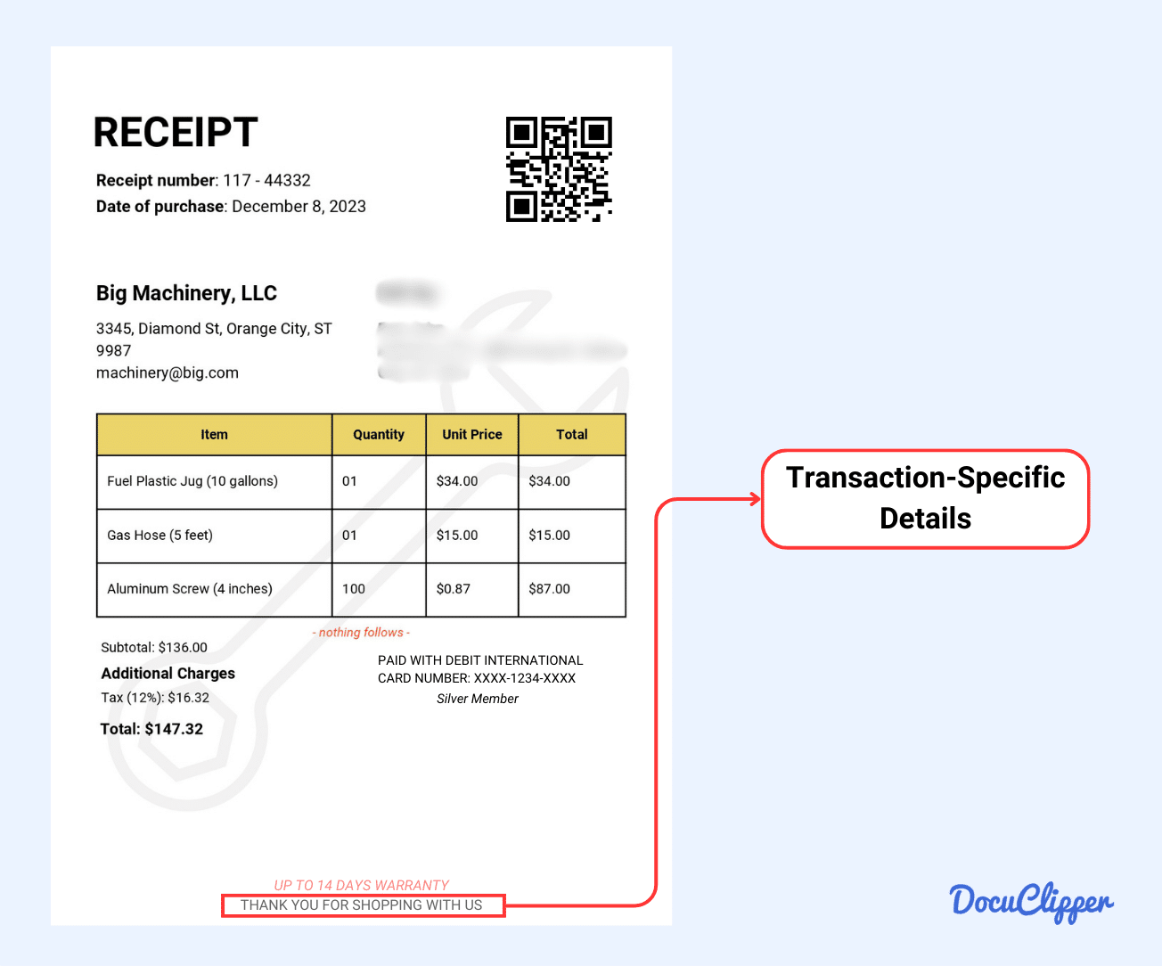 Transaction specific details