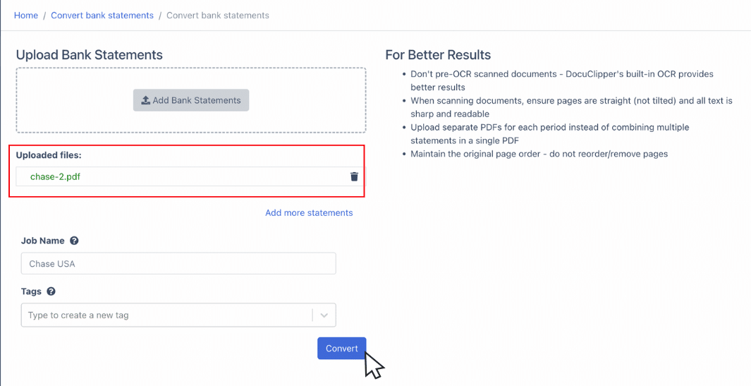 Upload bank statements