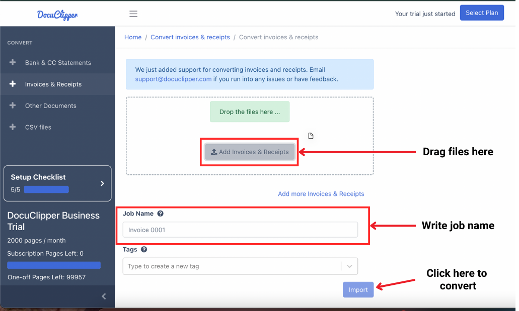 Uploading PDF invoices for Excel conversion process