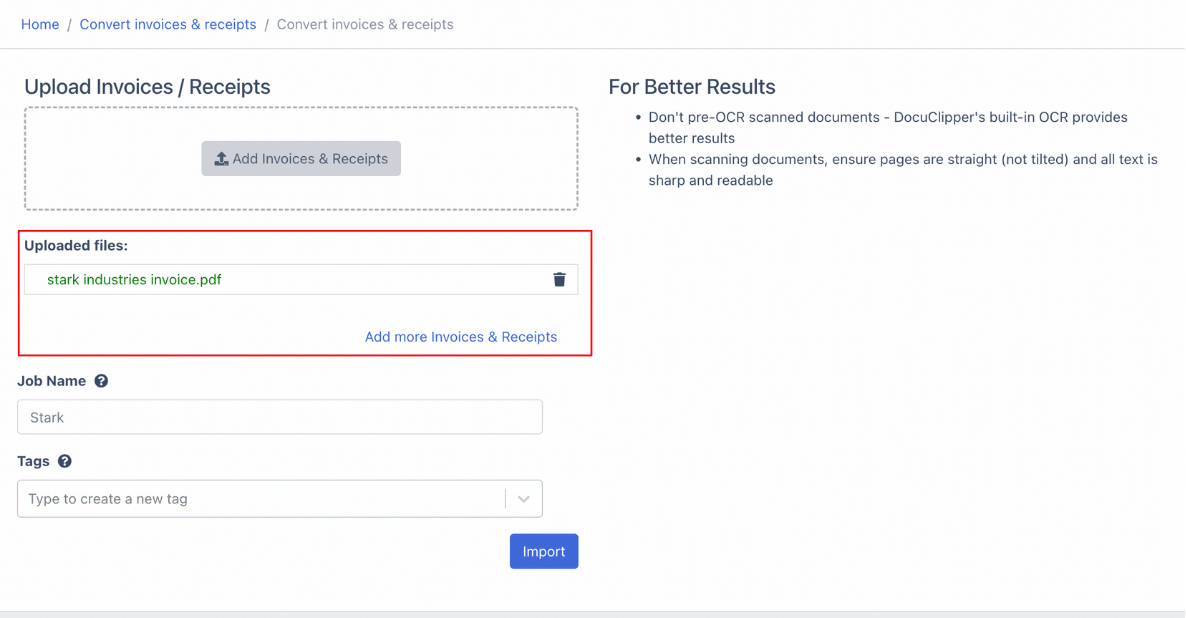Upload invoice to DocuClipper