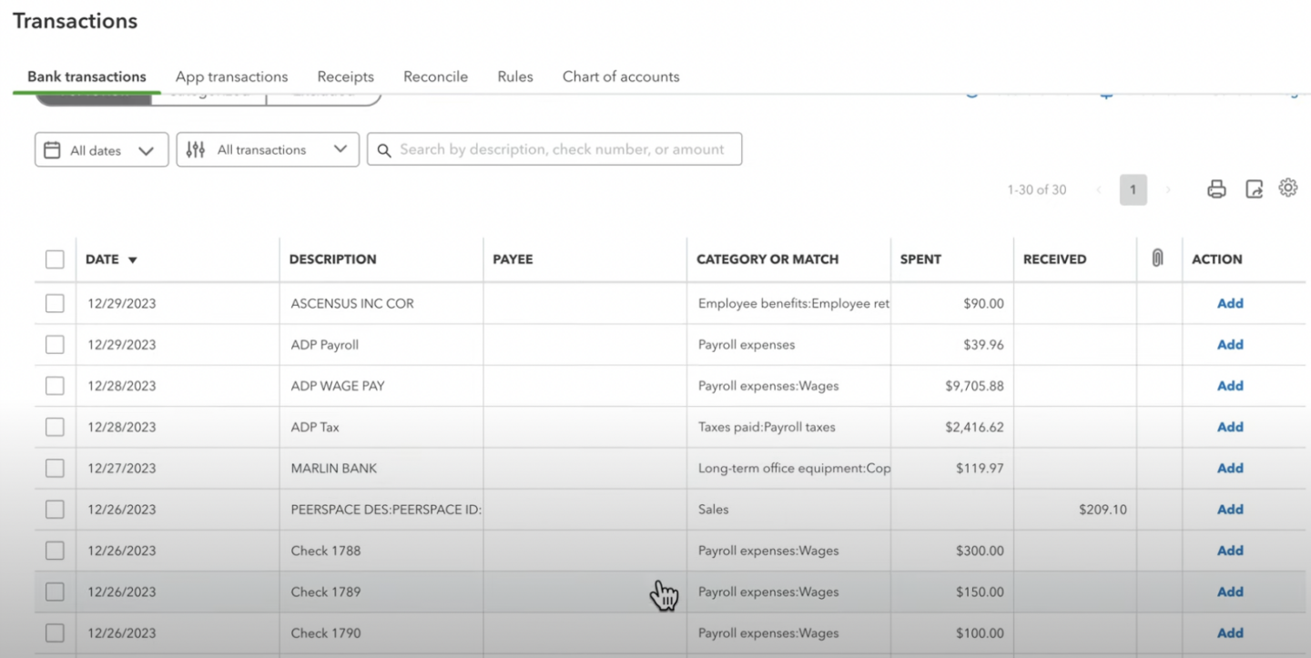 View of List of transactions