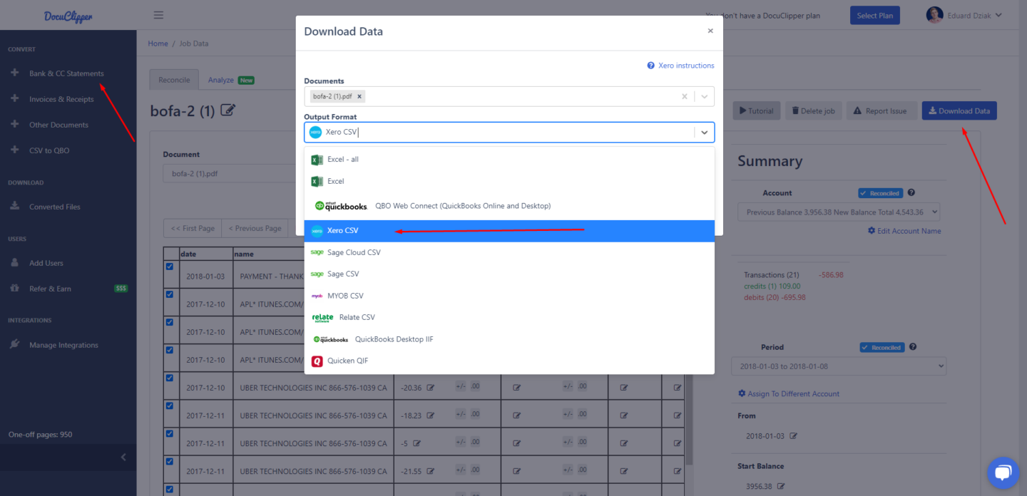 bank statements into xero csv docuclipper