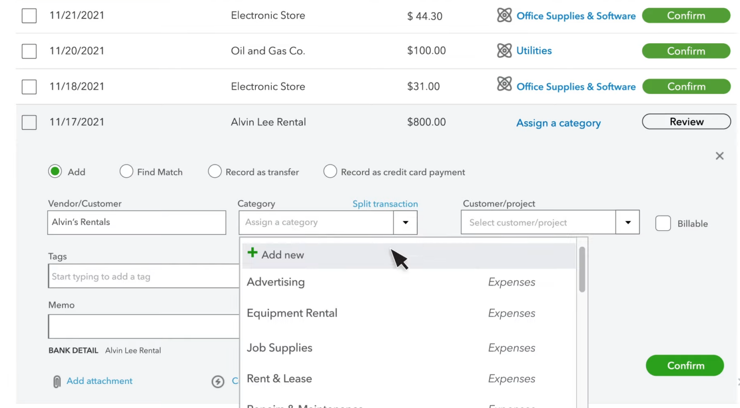 categorizing bank transactions in quickbooks online