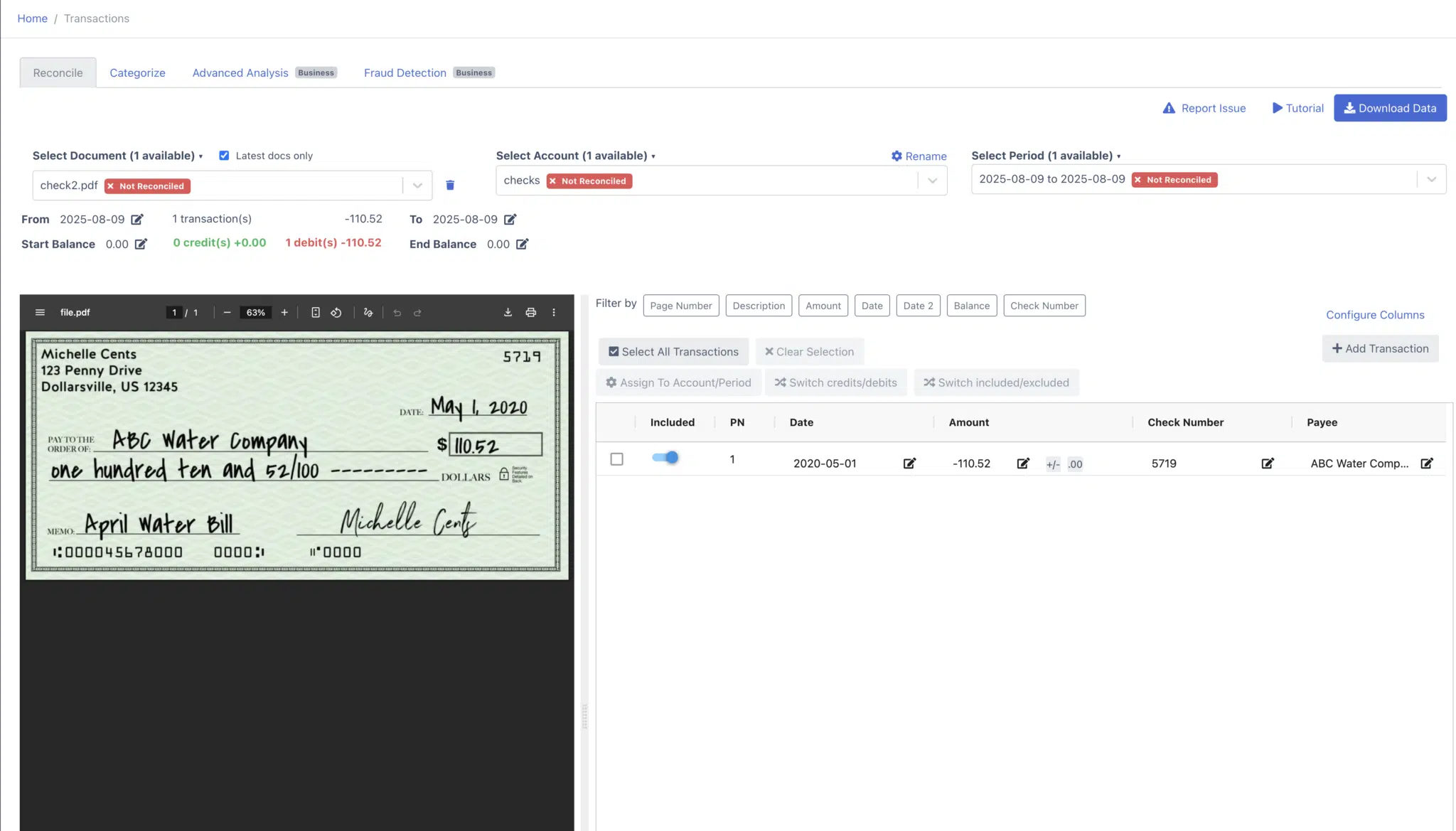 Extracted check data display