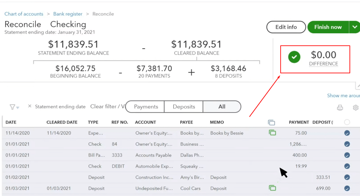 completed reconciled bank transactions quickbooks online