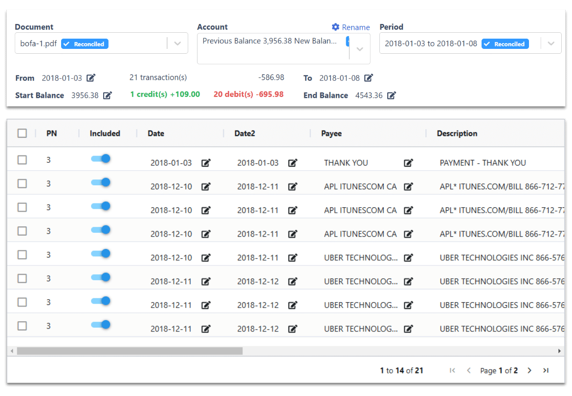 credit card Statement Reconciliation Feature