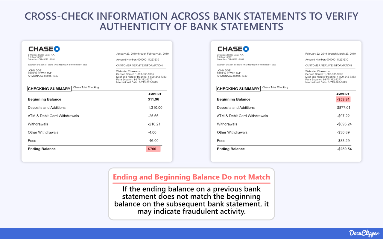 cross-checking bank statements for verification