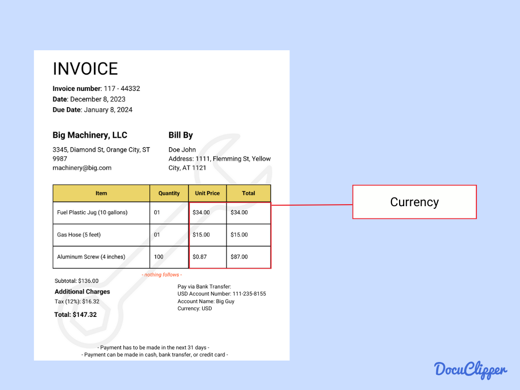 currency used in the invoice