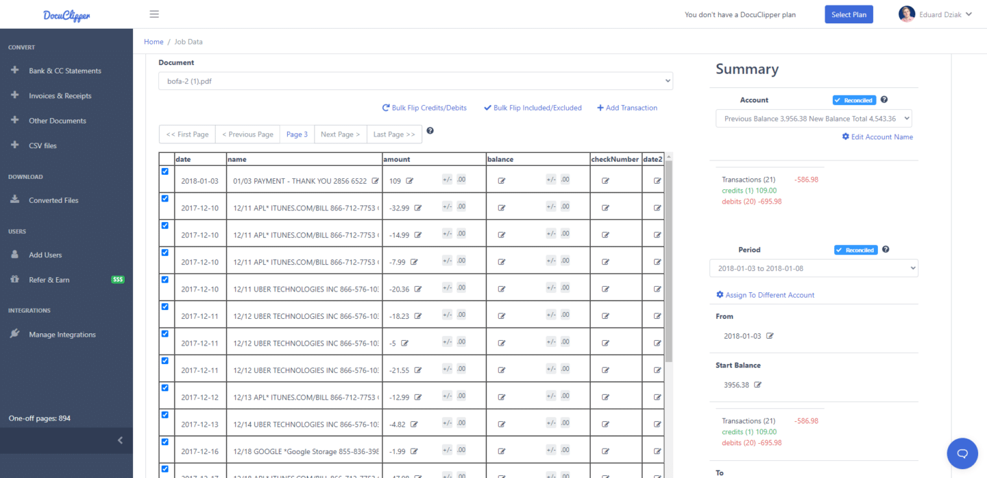 docuclipper ocr bank statement process transactions