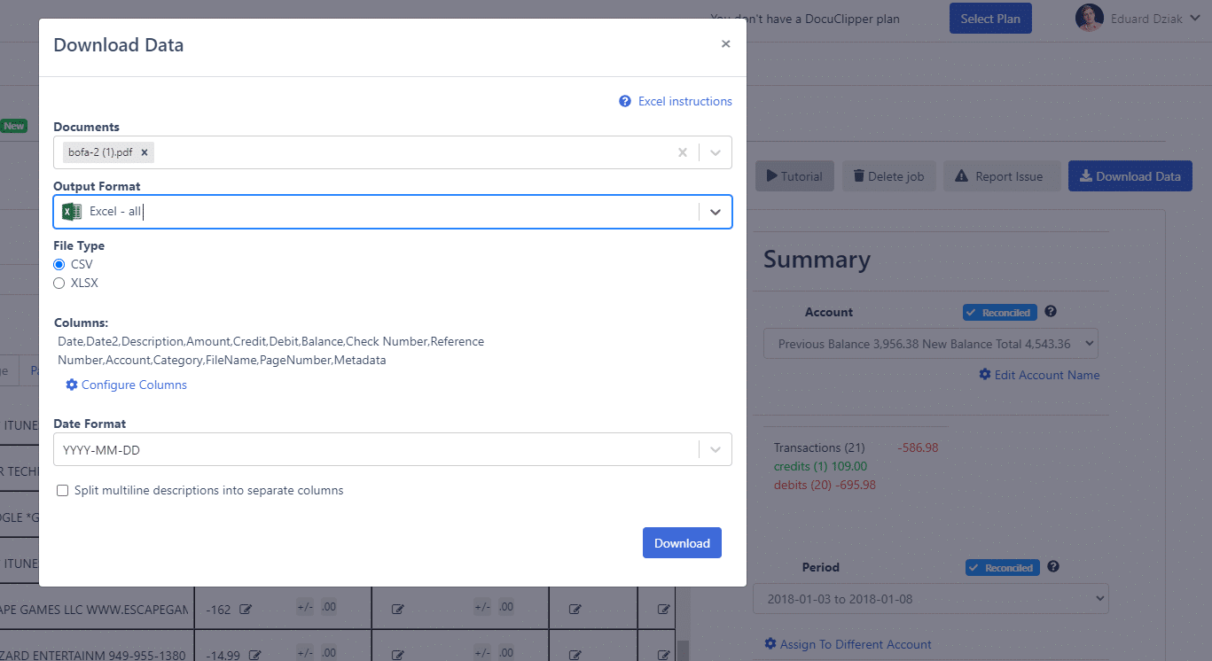 download bank statement reconciled in excel, csv or more