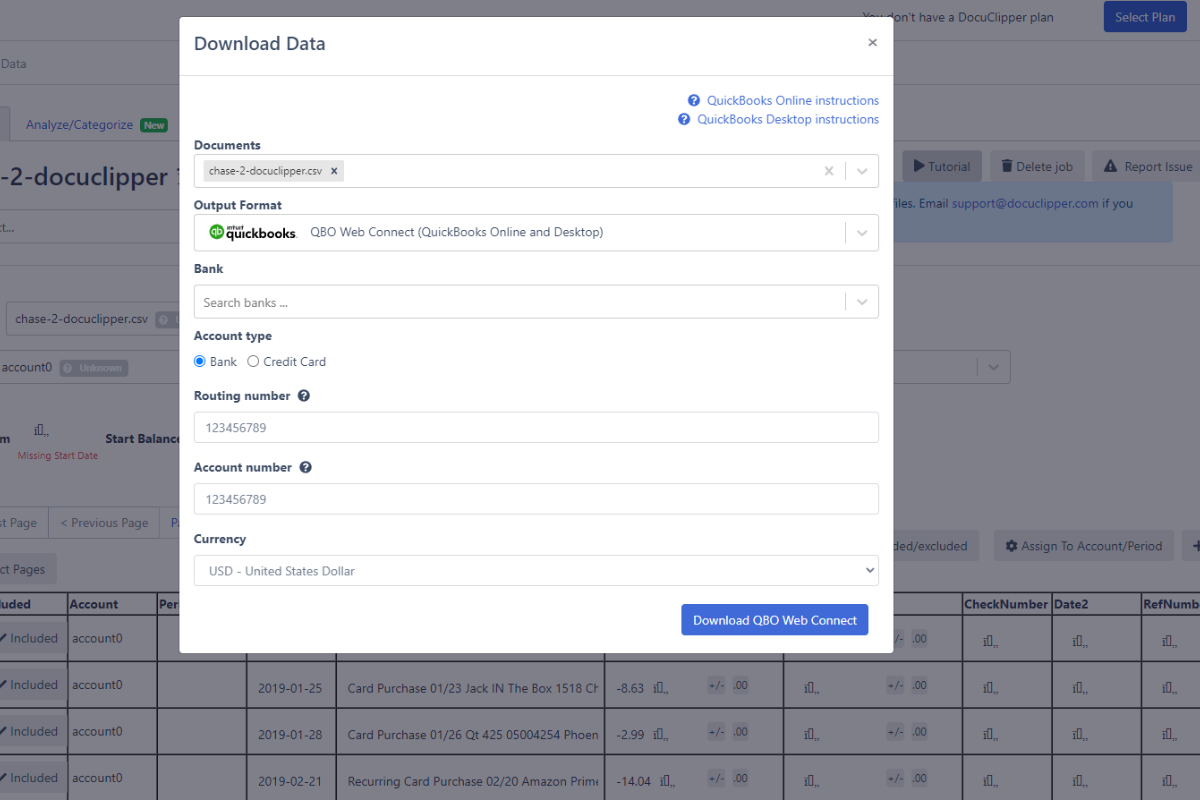 download your csv to qbo with docuclipper