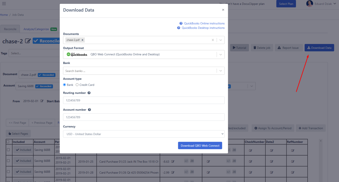 downloading converted pdf to qbo file