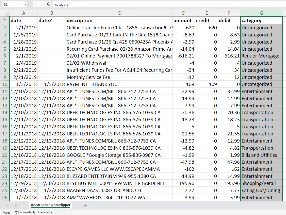 export bank transactions with transaction categoriers in DocuClipper