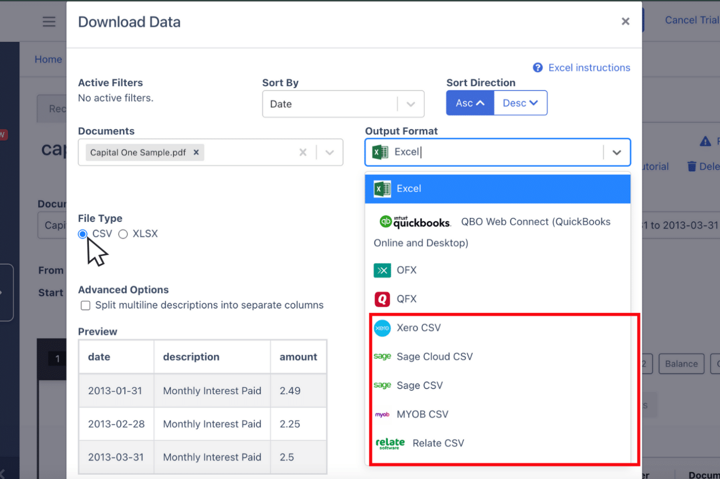 export capital one bank statement as CSV
