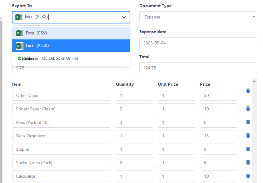 export receipt data into erp, accounting software or spreadsheet