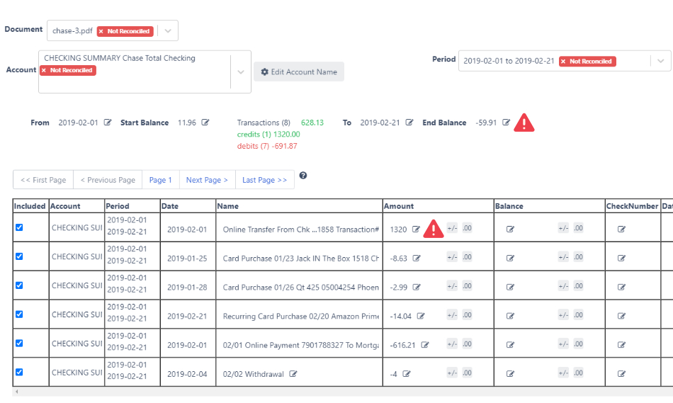 fake bank statement not reconcile