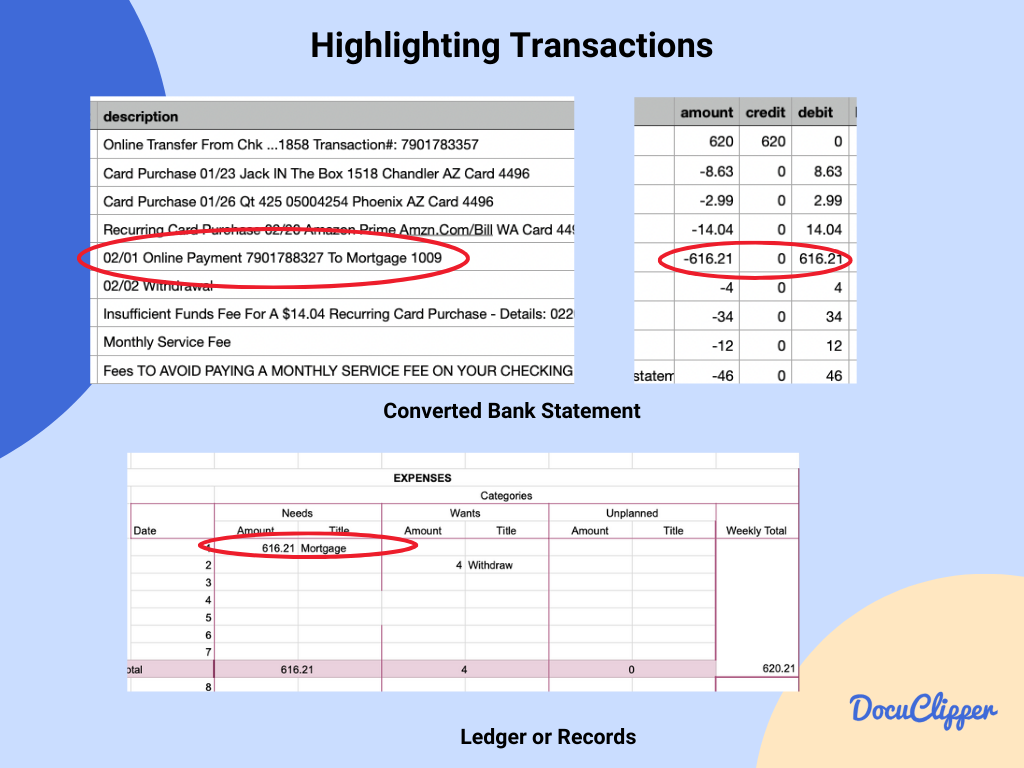 highlight each transactions when reconciling