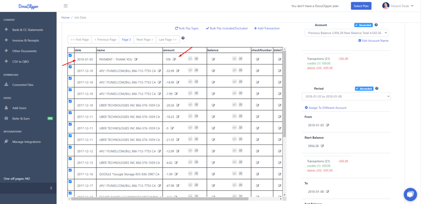 Missing or Wrong Transactions 1 incorrect transactions in docuclipper