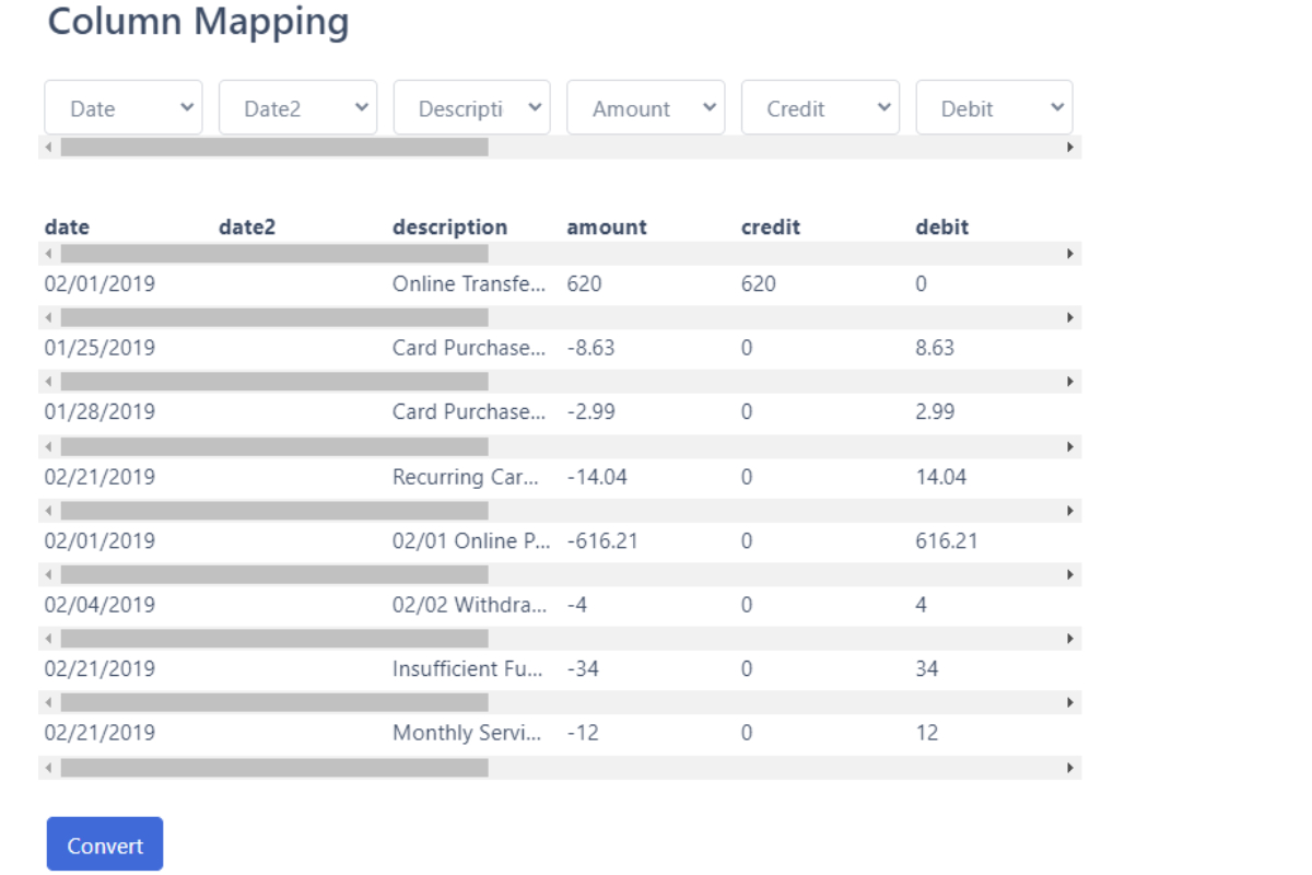 map columns from csv to qbo converting